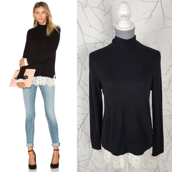 Joie Black Wool Cashmere Blend Knit Lace Trim Turtleneck Sweater - Picture 1 of 7